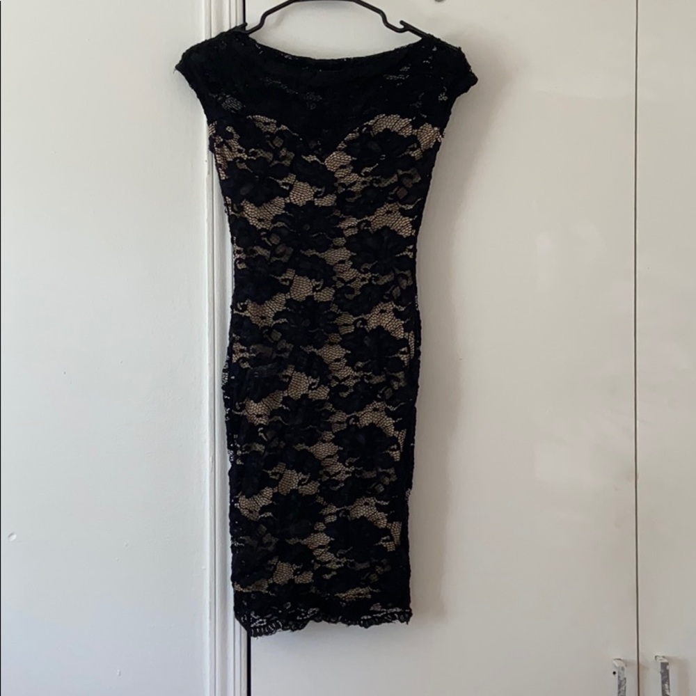 Beige and Black Lace Bodycon Dress